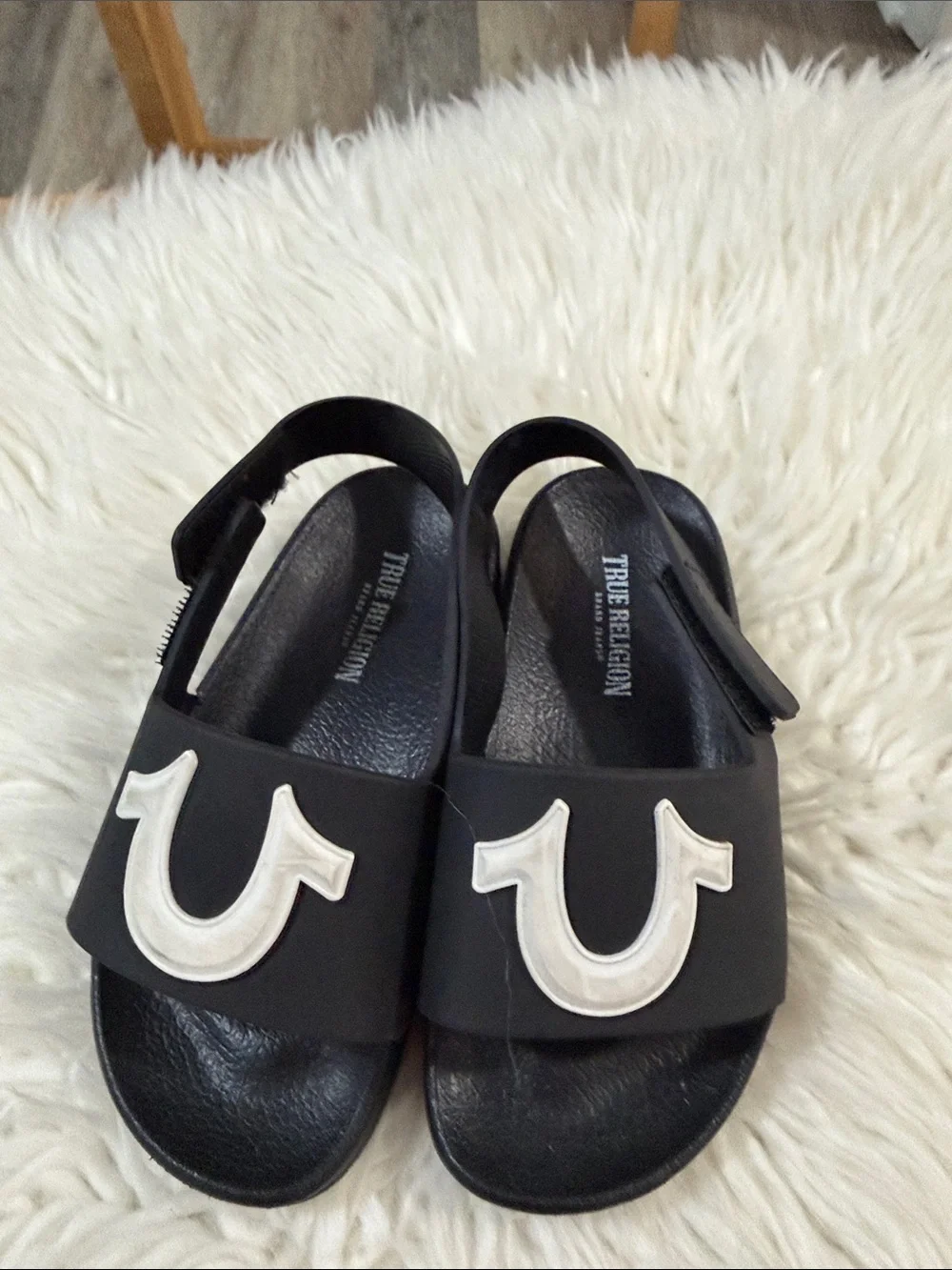 True Religion Black Sandals with White Signature Horseshoe